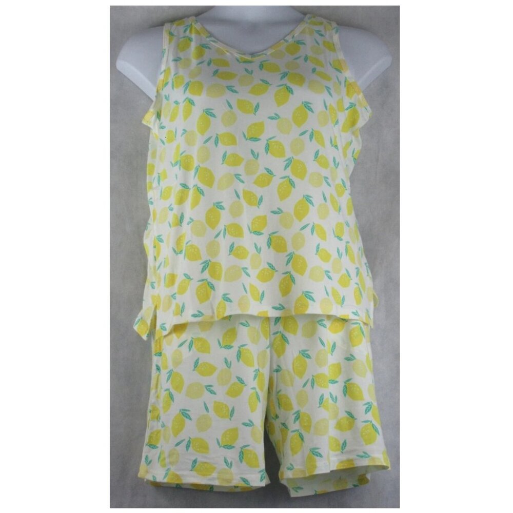 Muk Luks Women's 3-Piece Tank Top Shorts & Robe Pajama Set, Yellow Lemon, Medium